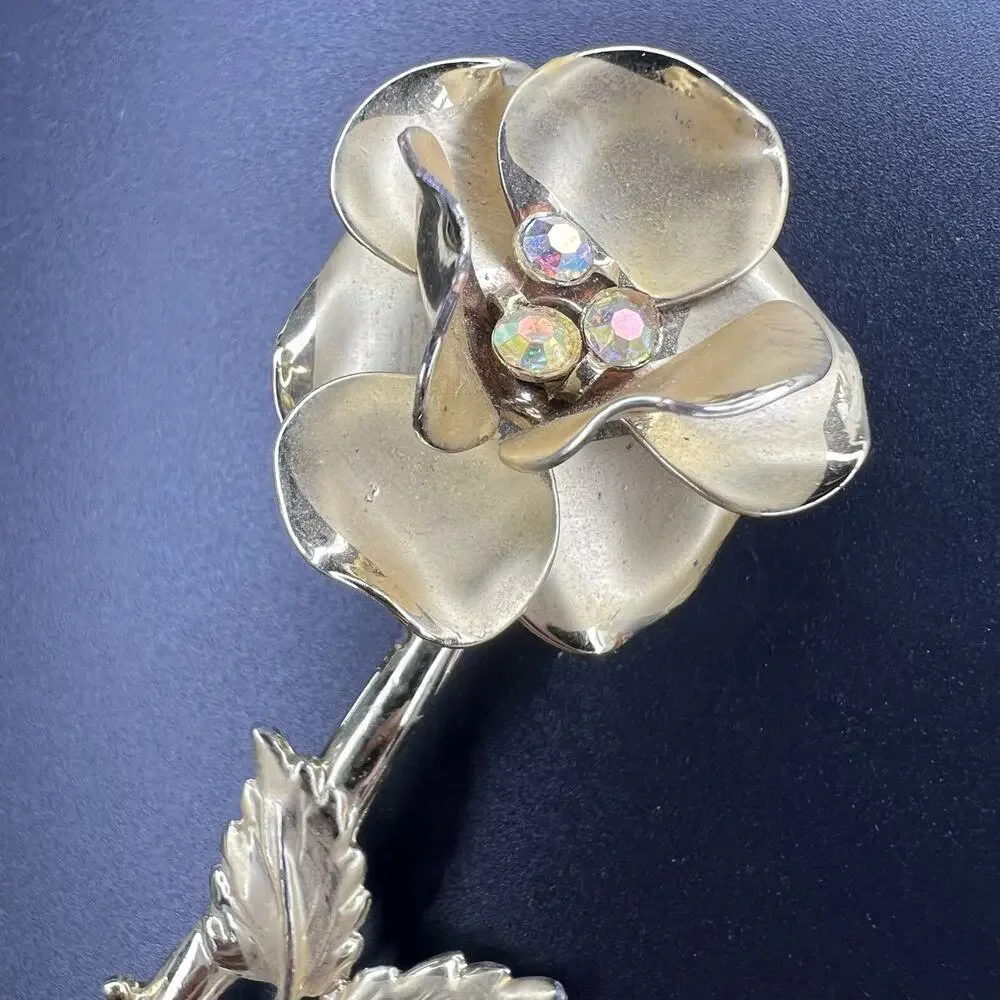 Vintage Large Statement Brooch Gold Tone AB Rindstones Flower Rose 3.75”